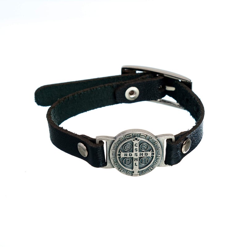 Intercession St Benedict Genuine Leather Protection Bracelet - Made in Brazil (Medium - Black) - Image 1